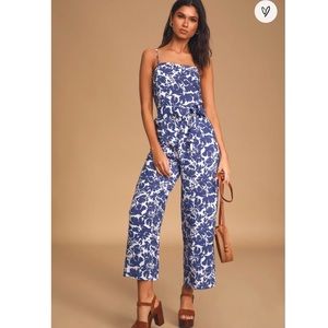 Blue and White Floral Print Culotte Jumpsuit